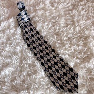 Countess Mara 100 % silk graphic print navy blue, gray and gold necktie